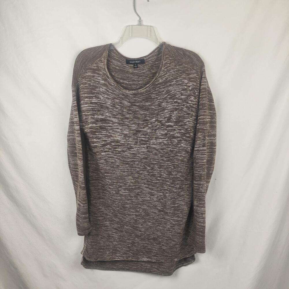 Ellen Tracy Sweater Tunic Womens Small Brown Marled Knit Crew Neck Raglan Sleeve